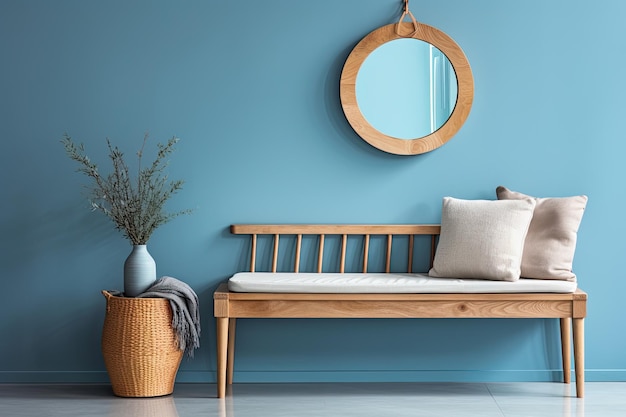 Accesorios femeninos y espejo cerca de la pared azul en una habitación con banco de madera y almohadas