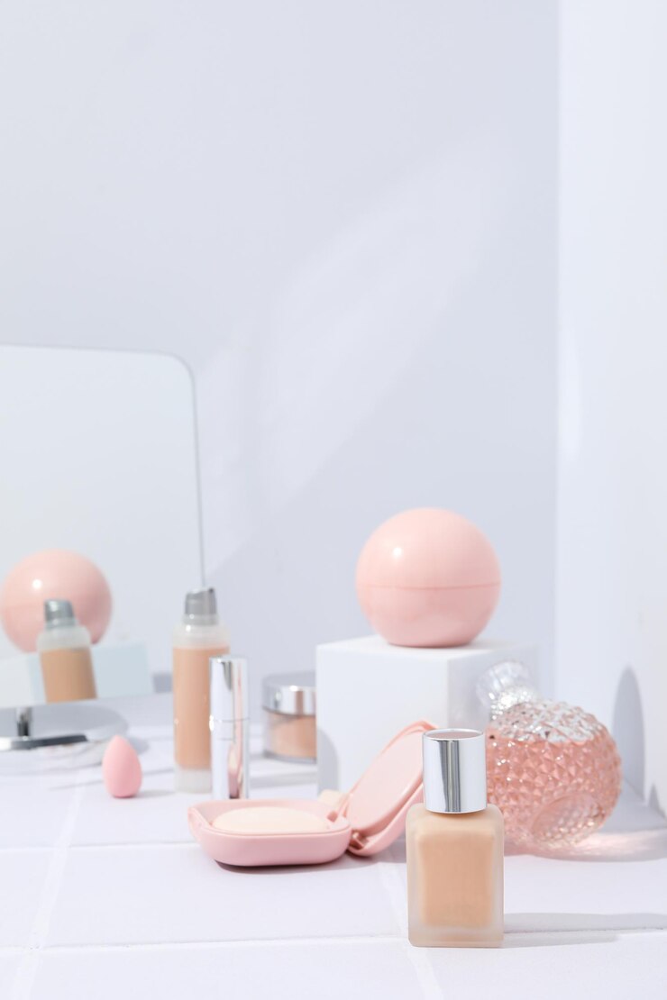 Accesorios de maquillaje para mujer sobre un fondo claro.