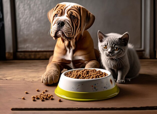 Foto accesorios para mascotas bodegón con juguete y tazón de comida.