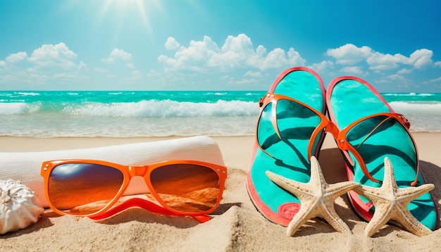 Accesorios de playa en la arena junto al mar Concepto de vacaciones de verano IA generativa