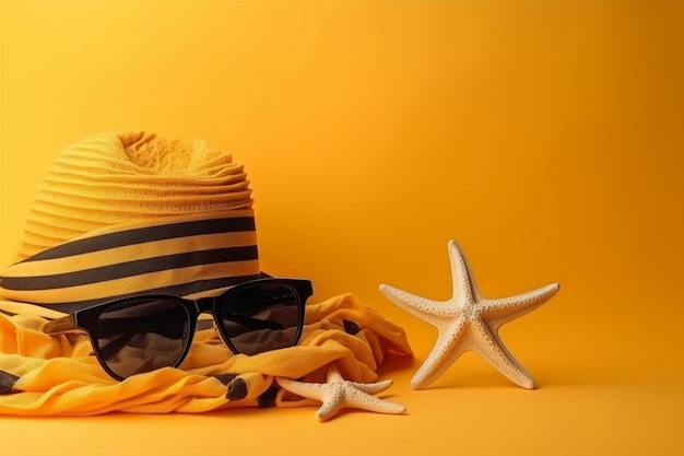 Accesorios de playa en el fondo amarillo gafas de sol de estrellas de mar toalla y sombrero a rayas