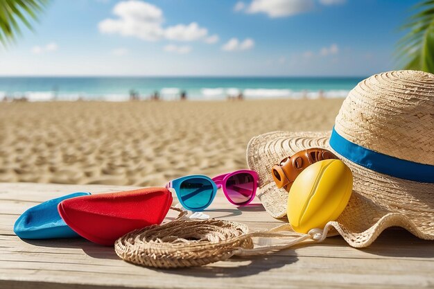 Accesorios de playa en la mesa En las vacaciones de verano en la playa