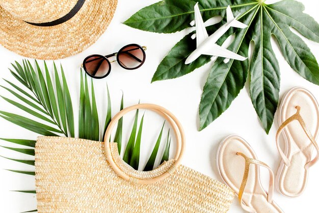 Accesorios de playa para mujer, bolso de mimbre, sombrero de paja, hojas de palmera tropical, modelo de avión