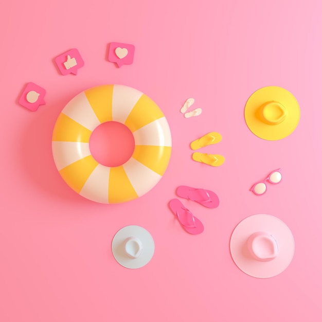 Accesorios de playa sobre un fondo rosa pastel 3d render ilustración