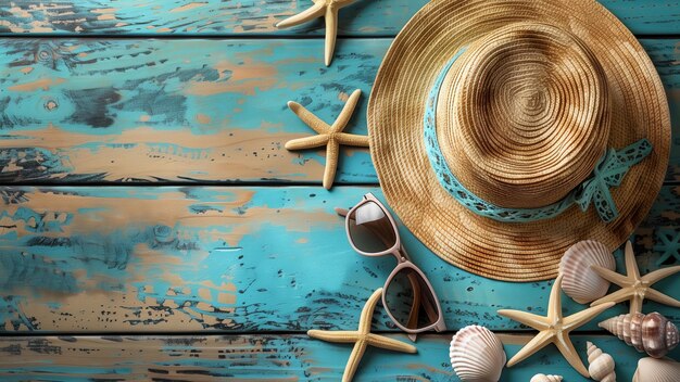 accesorios de playa en tablero de madera con espacio de copia