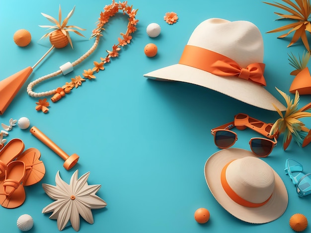 Accesorios de playa de verano en fondo azul turquesa 3D Rendering Ilustración 3D Generar Ai