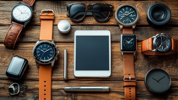 Accesorios para relojes de tableta colocados en una mesa de madera