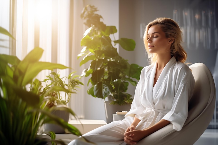 Foto accesorios para salones de spa descanso y relajación diseño de paquetes de productos para el cuidado de la piel mujer en salón de spa blanco