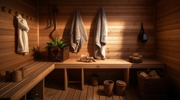 Accesorios de sauna en una sauna de madera.