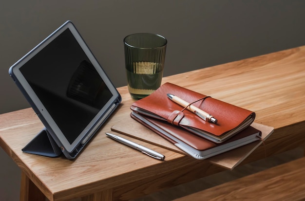 Accesorios para el trabajo educativo cuadernos tabletas papelería en una mesa de madera