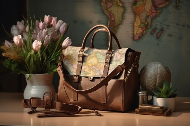 Foto accesorios de viaje con mapa y flor en el bolso sobre el escritorio