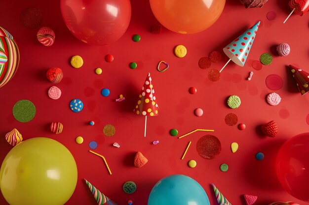 Accessórios de festa coloridos dispostos sobre um fundo vermelho festivo