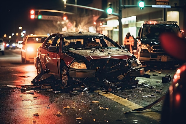 Accidente automovilístico en la calle en la ciudad por la noche IA generativa