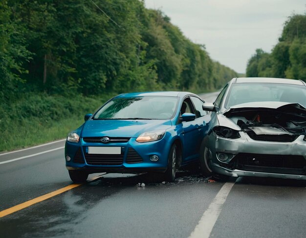 Accidente automovilístico en la carretera después de una colisión con otro automóvil en la carretera