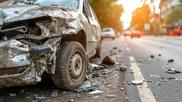 Foto accidente automovilístico en una carretera urbana con un vehículo de tráfico y de emergencia en un entorno urbano