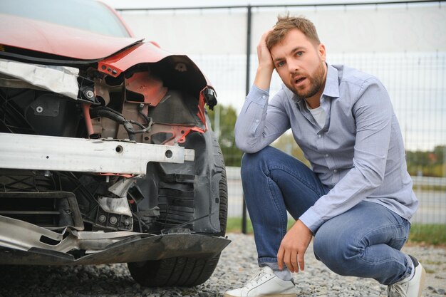 Accidente automovilístico Hombre tras accidente automovilistico Hombre lamenta los daños causados durante el accidente automovelístico