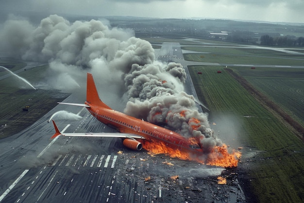 Foto accidente de avión avión en la pista catástrofe quema restos fuego fallo del motor explosión peligro de combustible