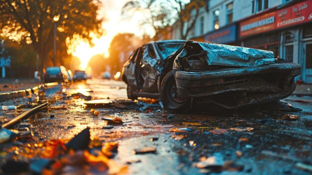 Foto accidente de coche en la calle de la ciudad al atardecer