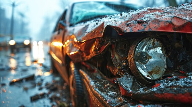 Foto accidente de coche en la carretera en invierno en primer plano