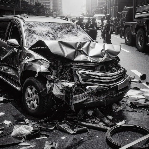 Accidente de coche en el centro de la ciudad con la policía en el fondo