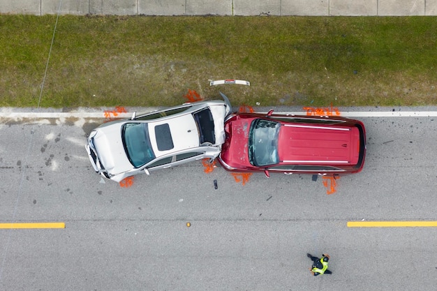 Foto accidente de coche con dos vehículos chocaron en el sitio del accidente de tráfico en la calle americana