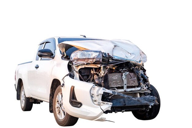 Accidente de coche Vista frontal y lateral de una camioneta blanca dañada por un accidente en la carretera Coches dañados después de la colisión aislados en fondo blanco con camino de recorte