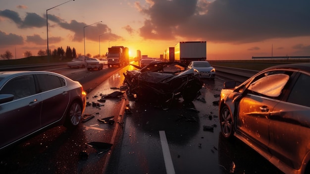 Foto accidente de colisión de coches en la autopista generative ai