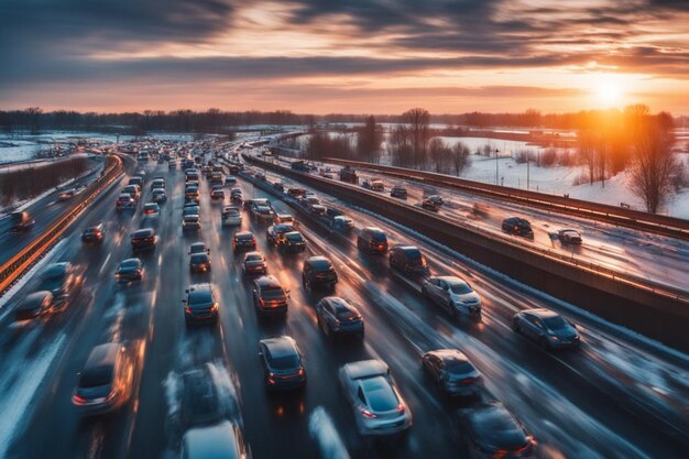 Accidente y explosión queman llamas de fuego puesta de sol en la autopista en invierno