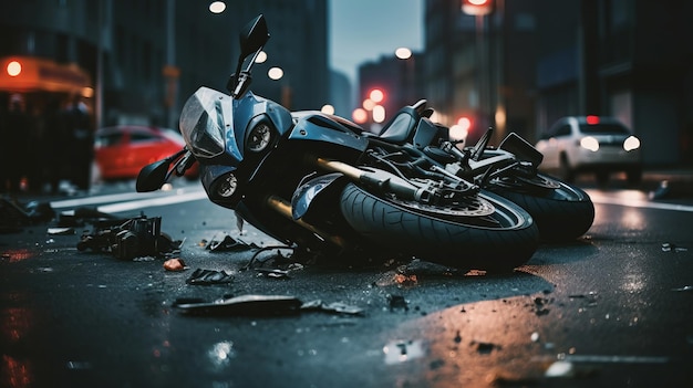 Accidente de motocicleta en bicicleta rota después de un accidente peligroso en una calle de la ciudad