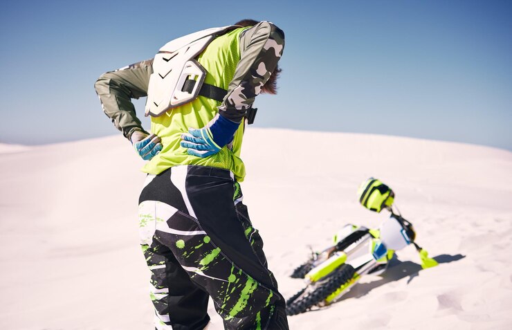 Foto accidente de motocicleta y dolor de espalda de un hombre con lesiones en deportes y carreras de motocicleta en el desierto riesgo de atleta y emergencia al aire libre con problemas médicos y de salud musculares después de un accidente de paseo