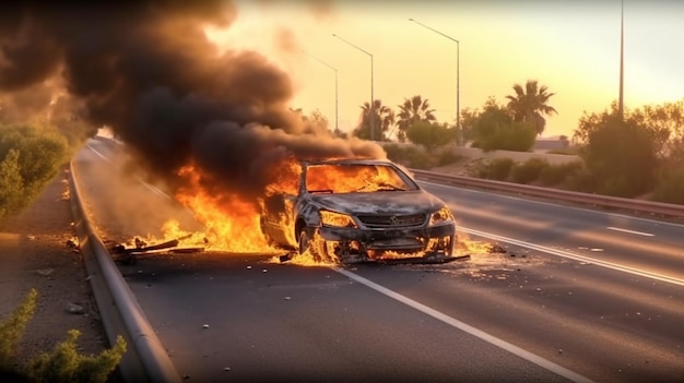 Accidente de tráfico brutal Vuelca Vehículo humeante y en llamas en medio de la carretera después de colisión IA generativa