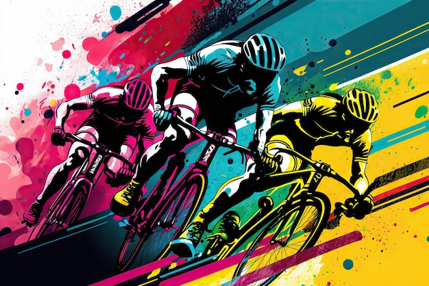Foto acción de carrera de bicicletas de ilustración sobre fondo colorido ai generativo