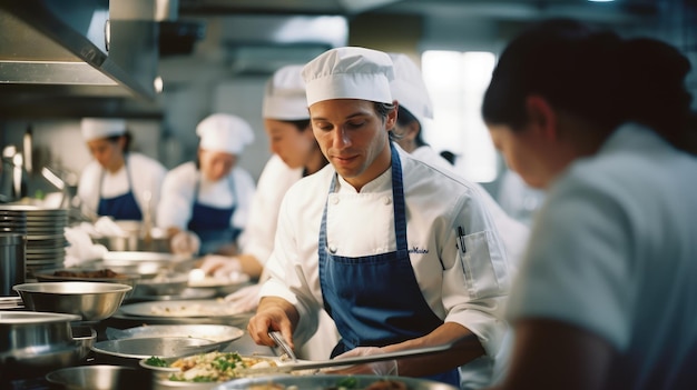 Acción de un chef profesional que trabaja en la cocina de un restaurante en un fondo oscuro