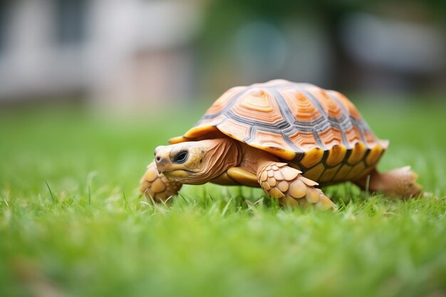 Acción de disparo de la tortuga en el paseo medio en la hierba