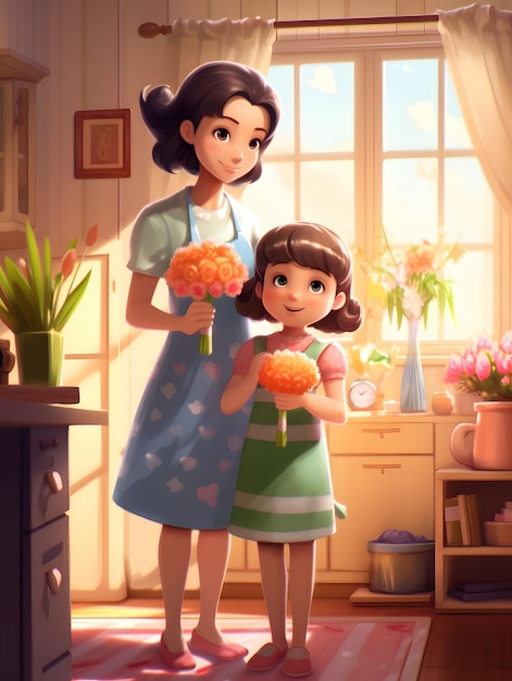 acción de gracias día de la madre madre e hija apoyándose juntas para enviar flores ilustración