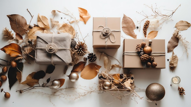 Acción de Gracias plana con cajas de regalos de artesanía minimalista