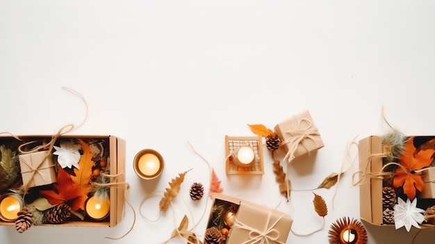 Foto acción de gracias plana con cajas de regalos de artesanía minimalista