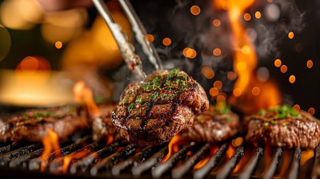 Acción de parrilla profesional con filetes jugosos en el fuego