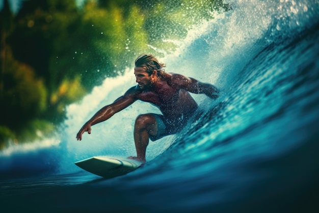 Acción de surf deporte a bordo de agua un hombre lecciones de deportes acuáticos y actividad de natación en la playa en vacaciones de verano Generaive Ai