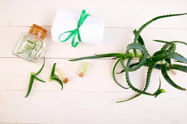 Aceite de aloe vera en botella de vidrio y toalla para spa