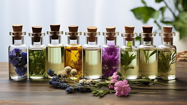 Aceite de aromaterapia en botellas de vidrio con flores de colores en una mesa de madera