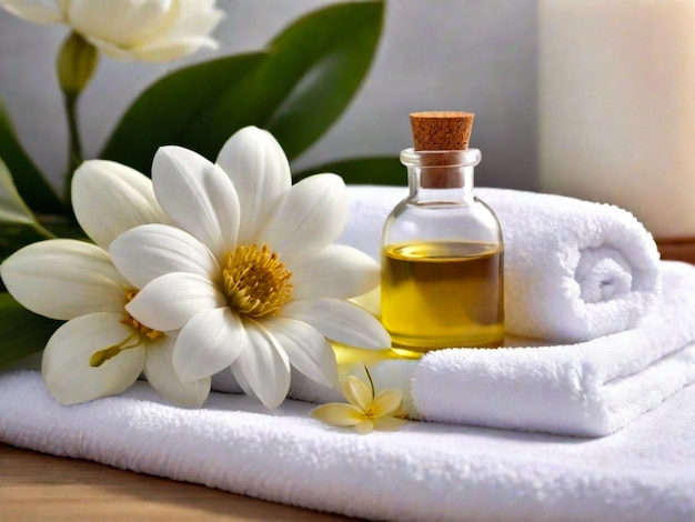 Aceite de aromaterapia y una toalla blanca para el spa