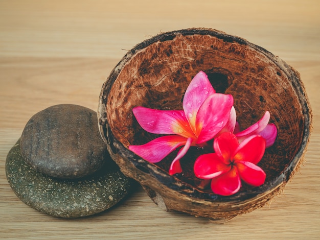 Aceite aromático en la cáscara de coco con piedras de Spa.