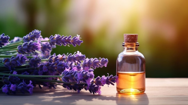 Foto un aceite aromático esencial y flores de lavanda concepto de sueño relajante