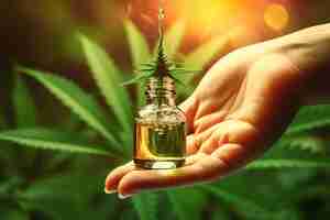 Foto aceite de cáñamo con una botella de aceite de cannabis en la mano contra la planta de marihuana tratamiento a base de hierbas de cbd