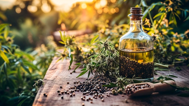 Foto aceite de cannabis en una mesa en el jardín foco selectivo