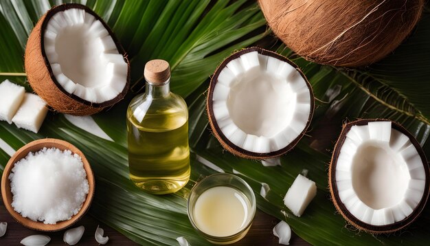 el aceite de coco y el aceite de cocos están en una mesa con cocos