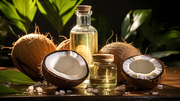 Aceite de coco en botella de aceite con fruta de coco.