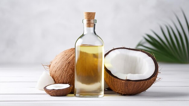 Foto aceite de coco fresco en una mesa de madera ligera espacio plano para el texto