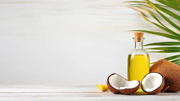 Foto aceite de coco fresco en una mesa de madera ligera espacio plano para el texto